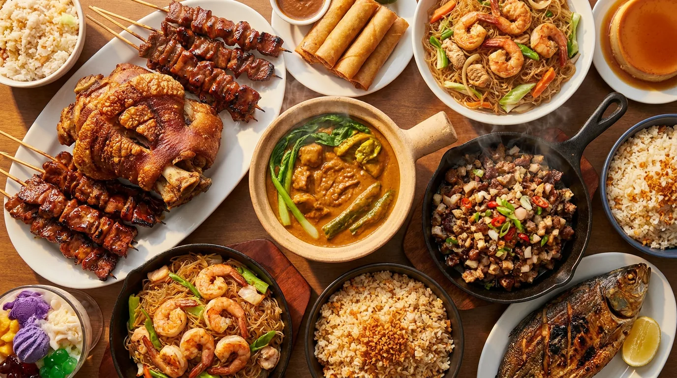 A full Filipino spread — savory dishes and sweets together on a warm wooden table